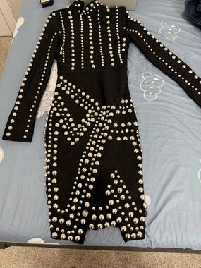 Black Studded Long-Sleeve Bodycon Dress